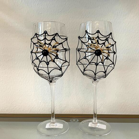 Gorgeous Halloween Jeweled Spider on Web with Pearl Wine Glass Set of 2 NEW - Picture 11 of 15